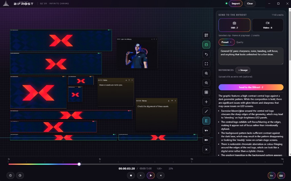 QC'er infinite canvas with LED wall assets aligned in rows, pinned notes, a rainbow frame-accurate timeline, and a Bifrost QC report listing bloom and sharpness issues